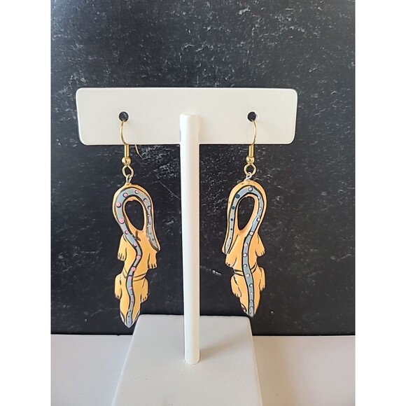 Painted Wooden Dangling Salamander Earrings Vintage Costume Jewelry NOS - Picture 4 of 10